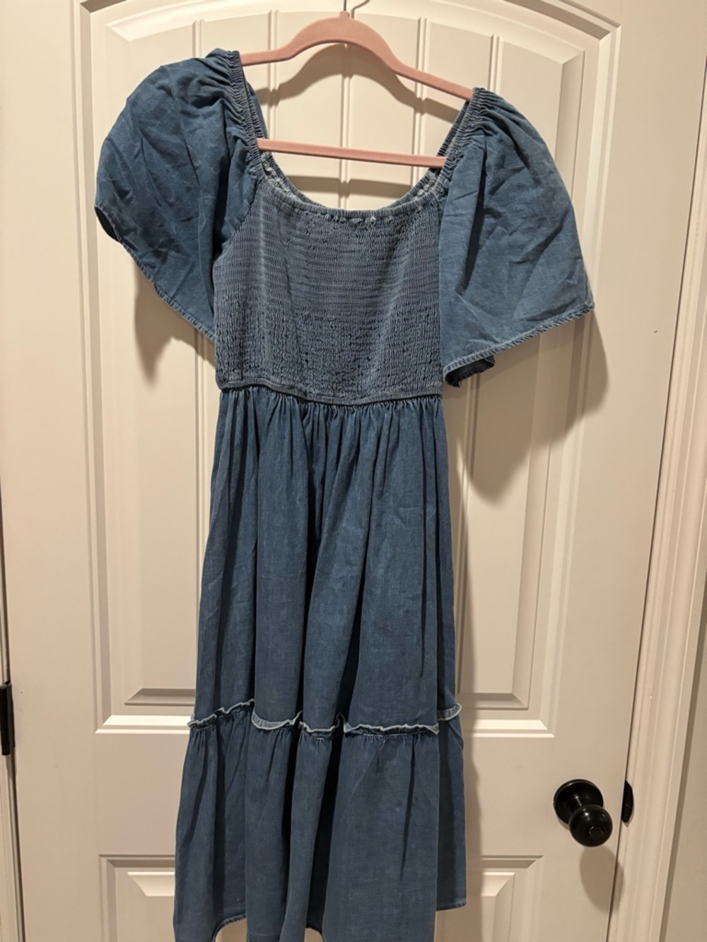 DAVI & DANI Blue Smocked Puff-Sleeve Midi Dress